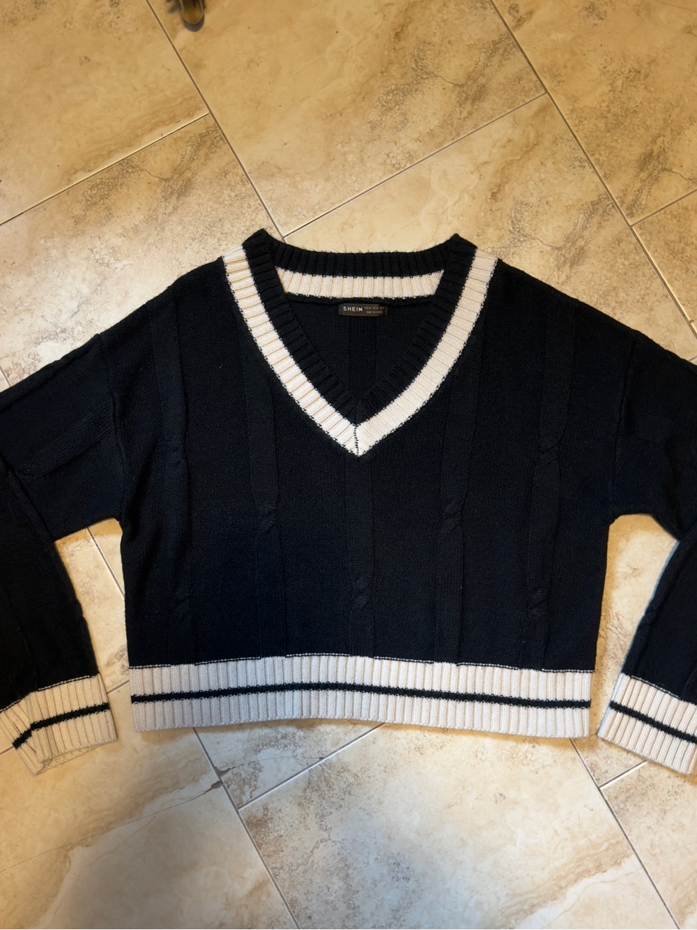 SHEIN Black Cable Knit V-Neck Sweater with White Trim